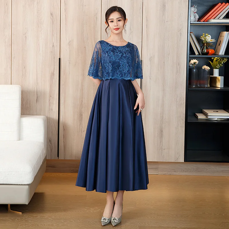 Elegant Satin Mother Of The Bride Dresses Plus Size Navy Blue Mother Dress With Lace Shawl