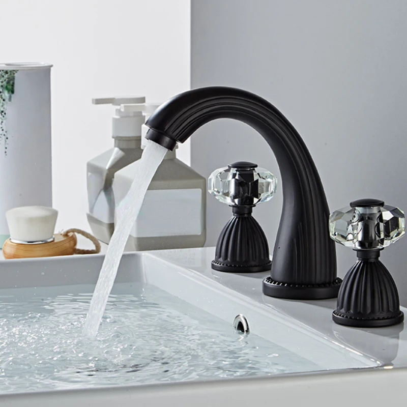 Deck Mounted Tapware Basin mixer Black Waterfall 3 Hole 2 Handles Hot Cold Water Bathroom Faucet