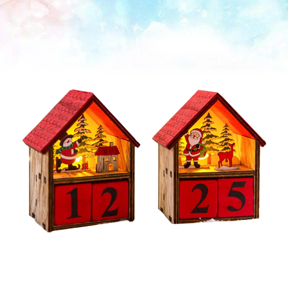 

2Pcs Wooden Illuminated House Desk Calendar Luminous Perpetual Block Calendar Vintage Style Christmas Desktop Decor