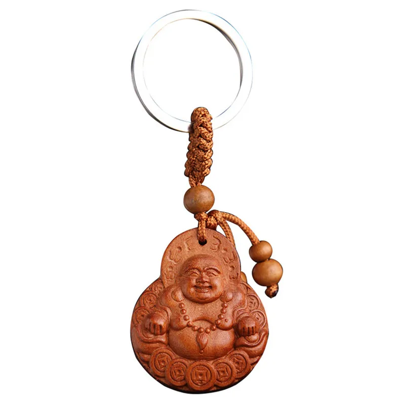 Cute Mahogany Wooden Keychain 3D Engraving Lifelike Buddha Pendant Key Ring Person Shape Key Holder Jewelry Making Accessories