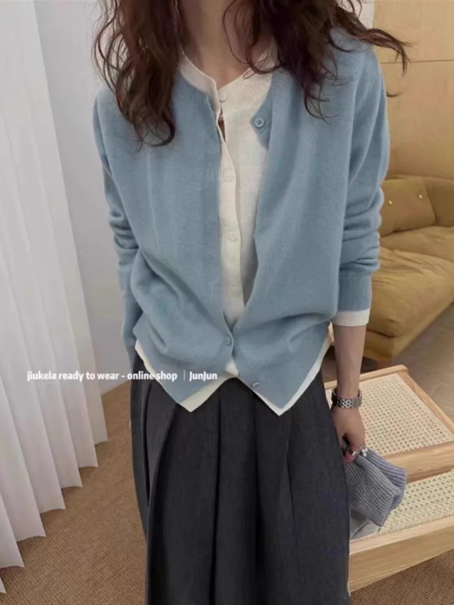 European station fake two wear color match 100 pure cashmere knit cardigan female spring and autumn sweater base wool coat