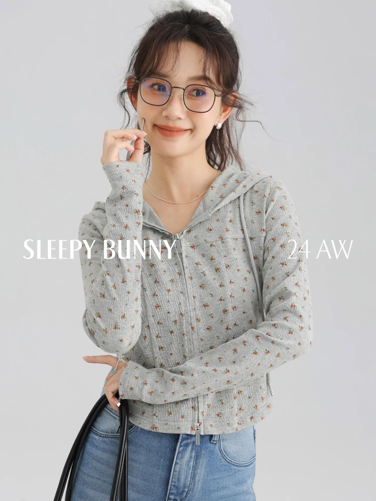 Vintage Floral Double Zipper Hoodie,Women’s Slim Fit Casual Long Sleeve Sweatshirt,Korean Style Soft Cozy 2025 Autumn Fashion