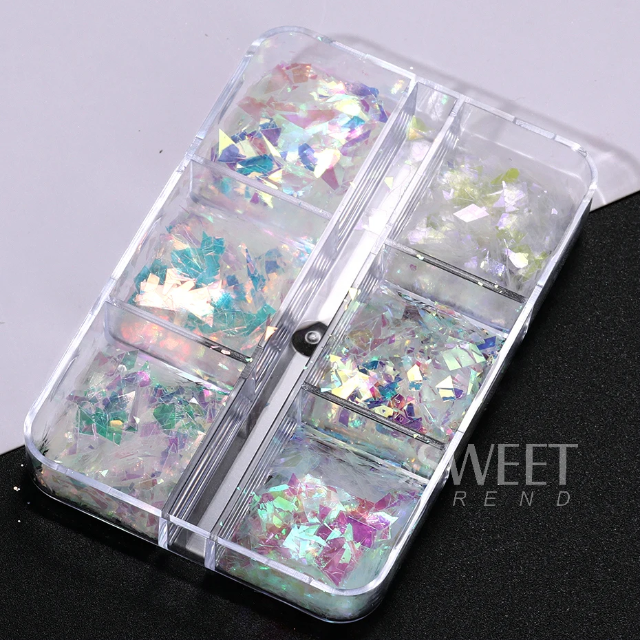 6 Gitter AB schillernde Nagelglitzerflocken unregelmäßige Aurora Sparkle Pailletten Kristallglas Fee Paillette DIY Maniküre Dekor Scheibe – Detail 9