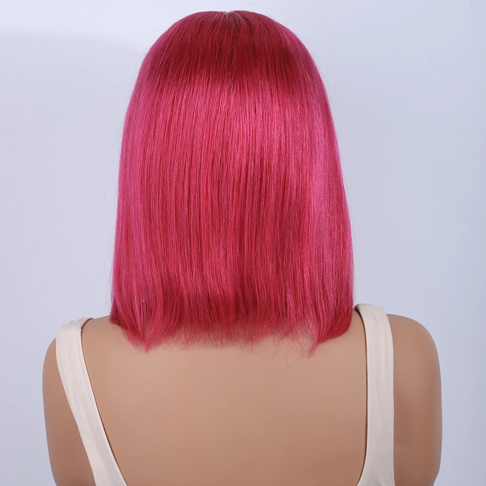 Lekker Red Pink 100% Human Hair Wigs Long Pixie Cut Straight Bob Middle Part La… - Image 4