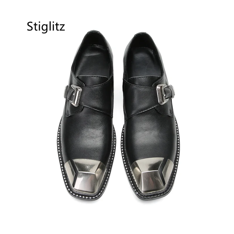 

Metal Toe Men's Business Dress Shoes Belt Buckle Black Genuine Leather Casual Party Wedding Shoes Elegant Man Office Shoes