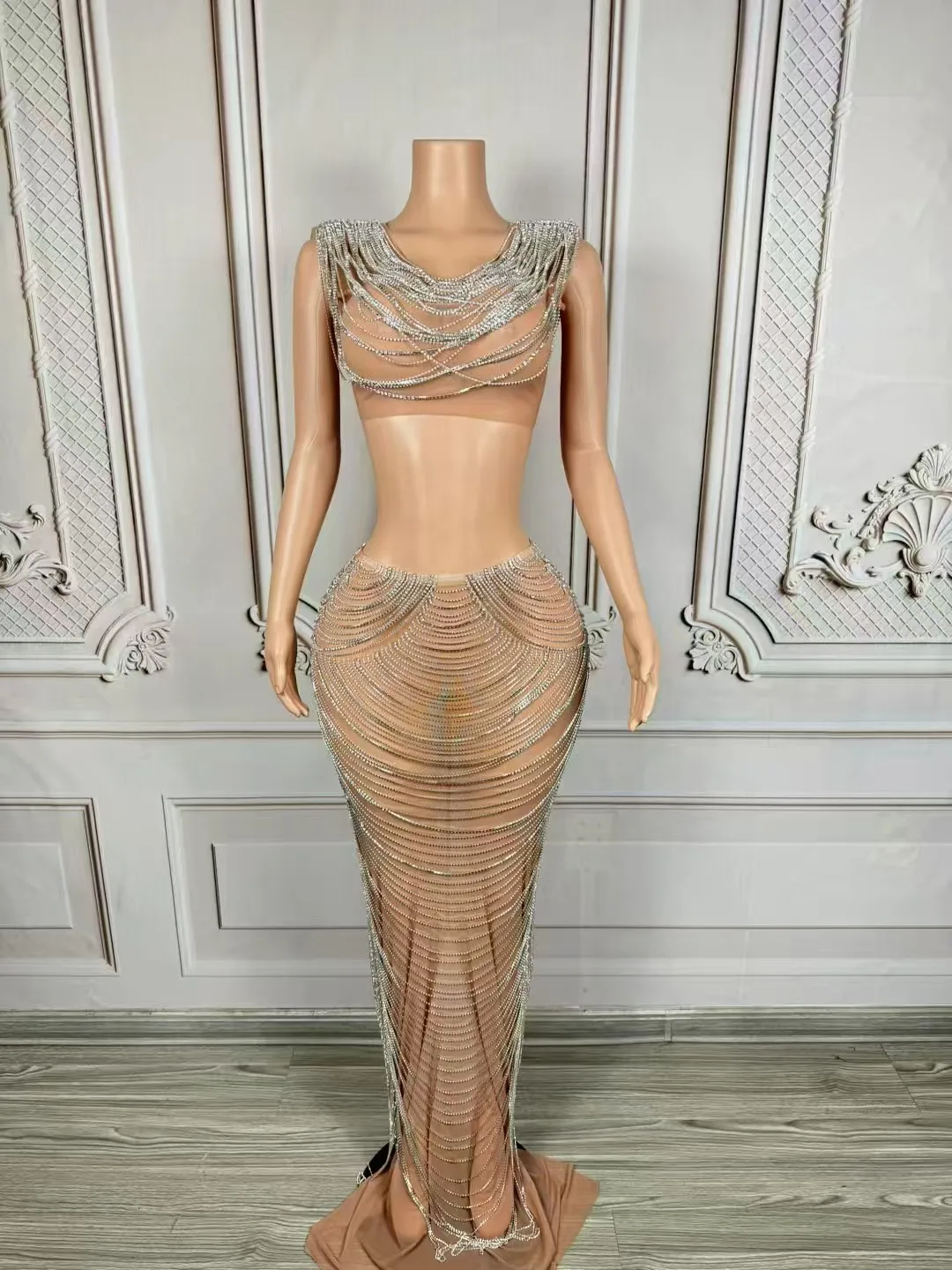 

Sparkly Rhinestones Chains Dress Set SexySee Through Photoshoot Show Wear LuxuriousCelebrate Birthday Evening Prom Dress D282
