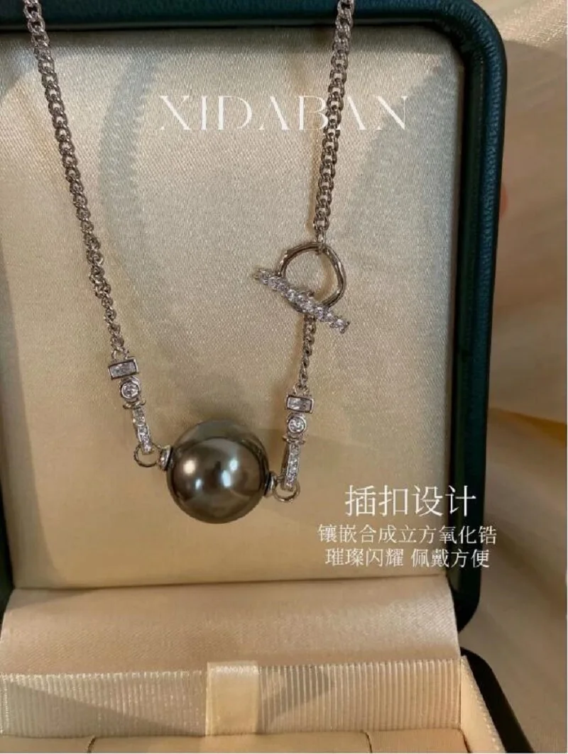 stunning 10-11mm tahitian round black green pearl pendant 925s necklace