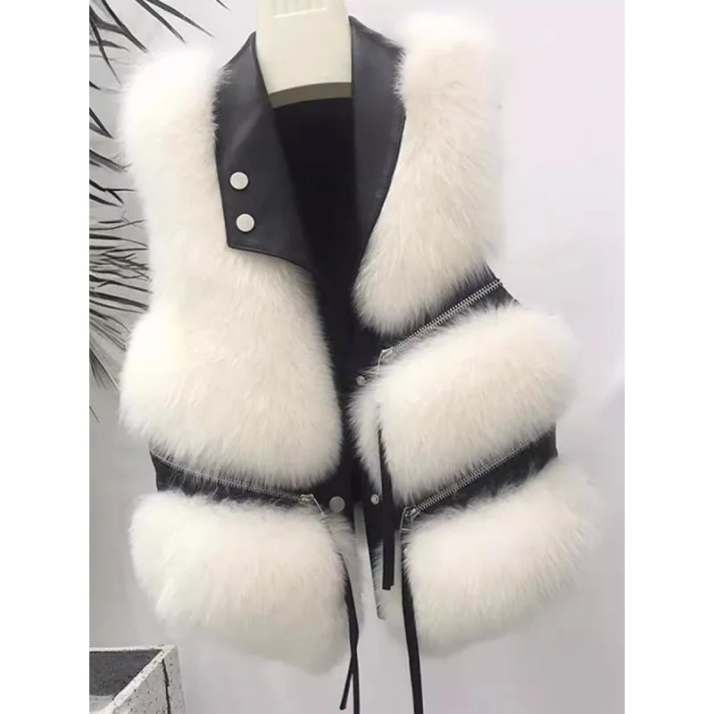 Faux Fox Fur Vest Coats Women Spliced Sleeveless Jackets Zipper Lapel Neck Slim Thick Warm Fur Streetwear Casual 2025 Winter