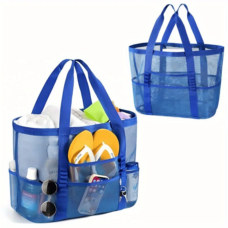 1pc Sandproof  Mesh Beach Tote Bag Multi Pockets Portable Travel Storage Bag For Pool Family Vacation Daily Use.large capacity.