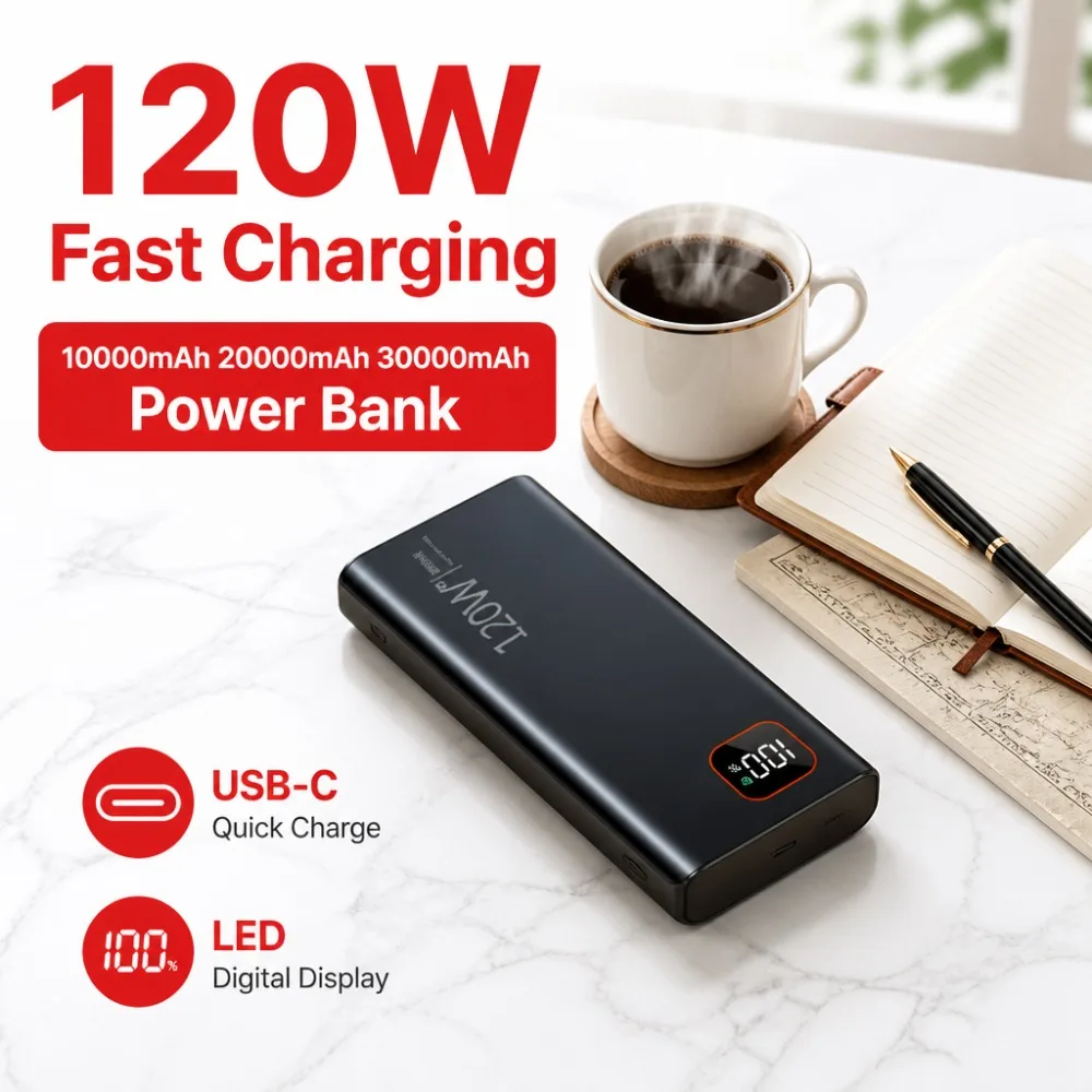 120W Fast Charging 20000mAh Power Bank, Portable Battery w/ LED Display for iPhone 16/15/14/S24/P60/Xiaomi, USB-C Quick Charge