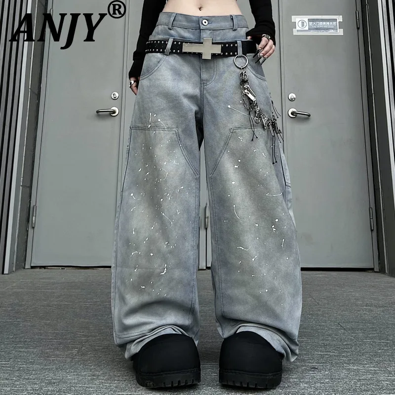 ANJY Spring Autumn New Women American Style Washed Distressed Double-Waisted Ink Jet Wide Leg Jeans Loose Trend Ins Pants A21207