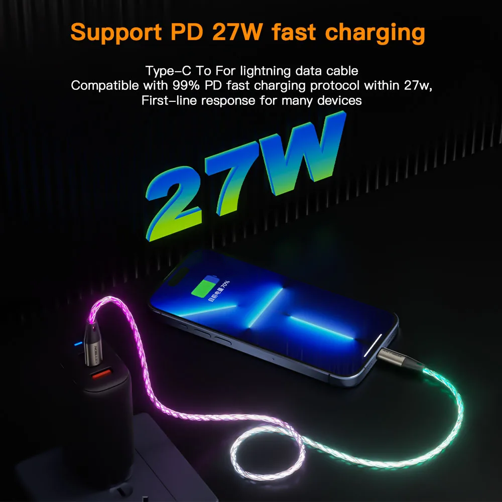 KEYSION PD 27W USB C Data Cable Colorful LED RGB Light Gradient Type C To L Fast Charging Wire for iPhone 14 13 12 11 Pro Max SE