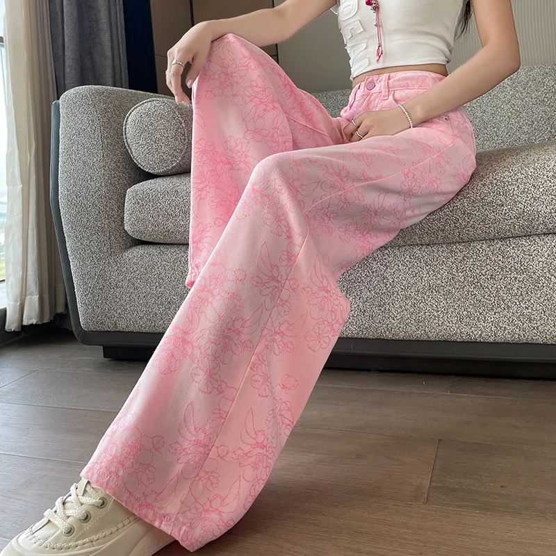 Women's High Waist Pink Floral Jacquard Lyocell Jeans, 2026 Summer Thin & Soft Loose Straight Denim Pants, Lightweight Trousers