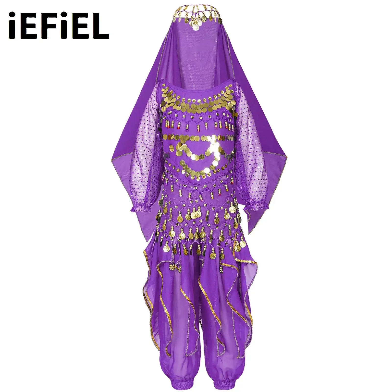 

Kids Girls Belly Dance Sets Lace-Up Back 3/4 Sleeve Sequins Tassel Crop Top Ruffled Pants Hip Scarf Headscarf Costume