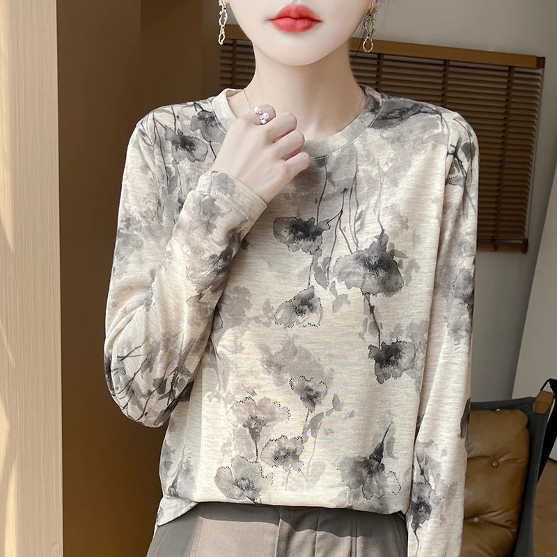 

100% Silk Ink Wash Long Sleeved Top For Women's Spring And Summer Korean Fashion Floral Round Neck Pullover ZH506
