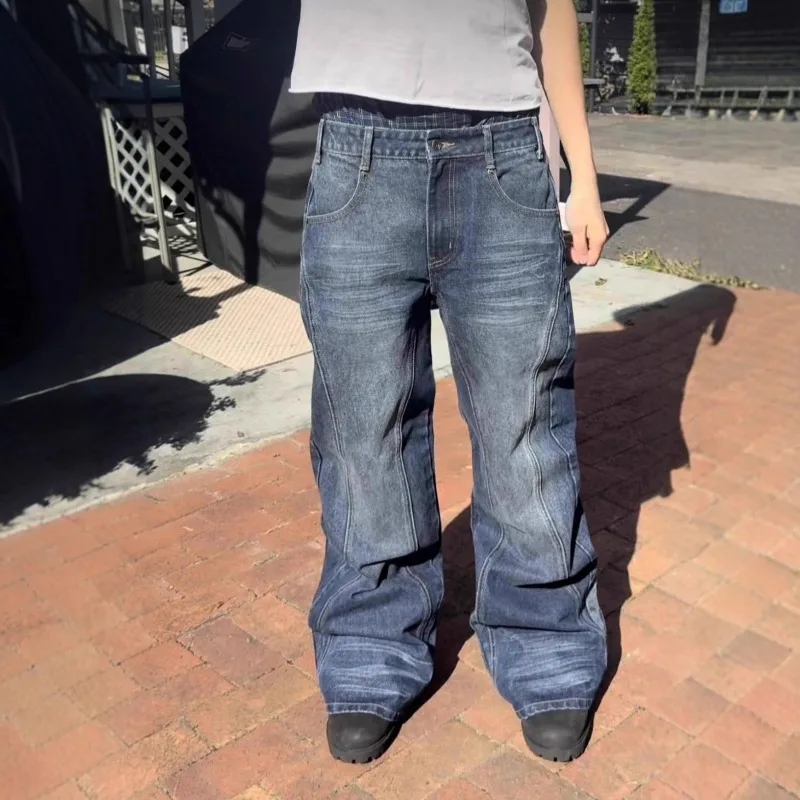 

European &American vintage-inspired autumn/winter washed and distressed denim trousers Stylish relaxed-fit straight-leg design