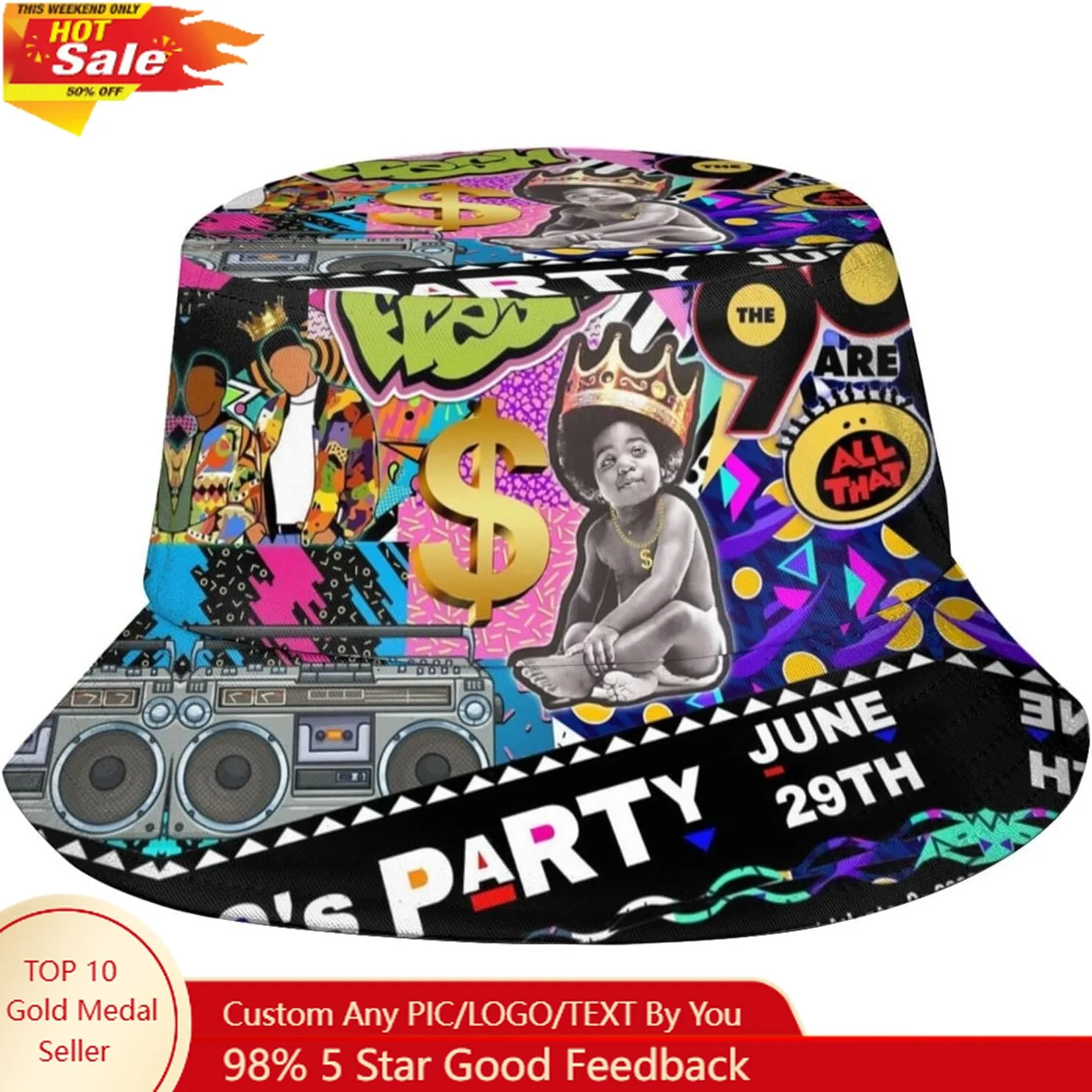 

Fashion Retro Vintage 80s or 90s Pattern Print Bucket Hat Funny Fisherman Hat Packable Caps Sun Hat for Men Women