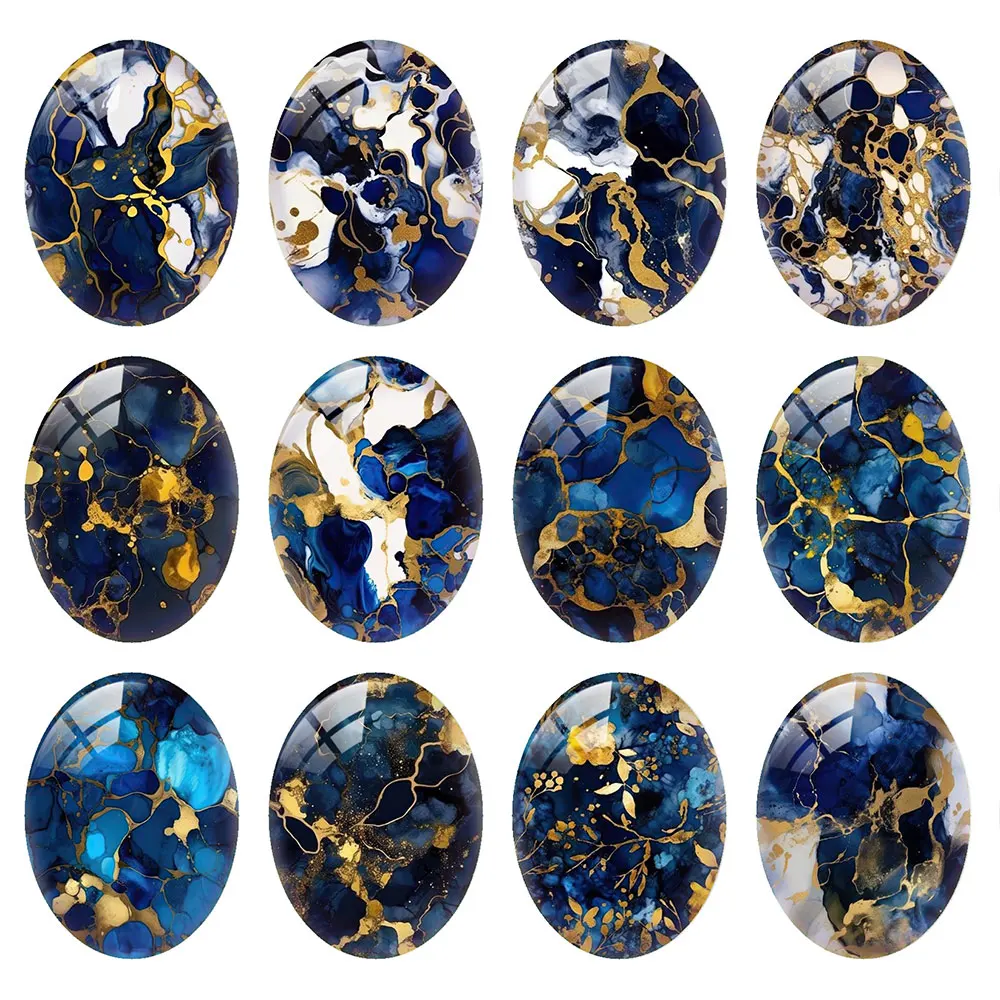 Random Mixed Round/Oval/Square Navy Blue Alcohol Ink Marble Photo Glass Cabochon Flatback Demo Cameo For Diy Jewelry Making