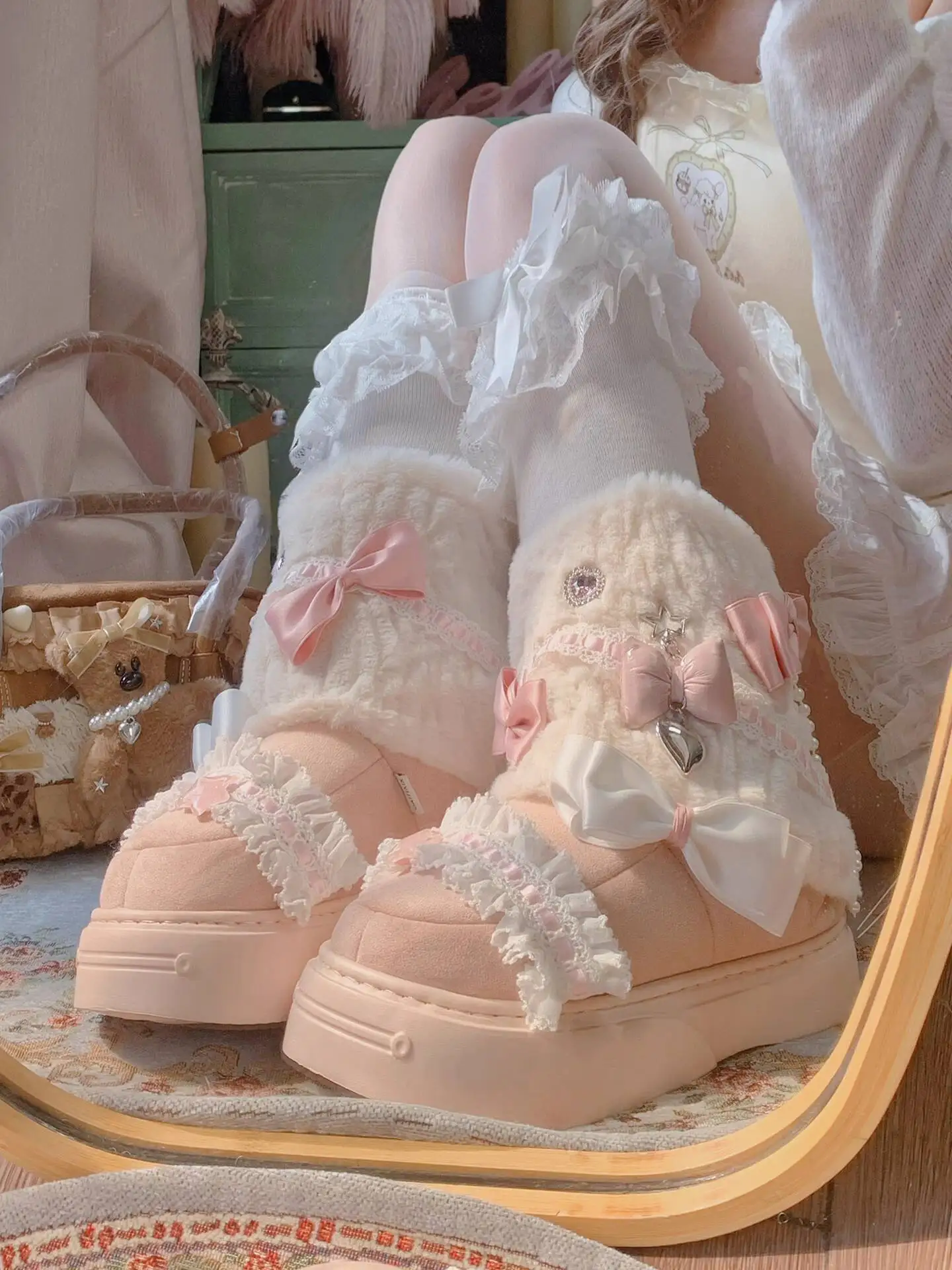 Immagine 6: Stivali Lolita giapponesi da donna Costumi Cosplay Scarpe Stivaletti da neve con fiocco carino Pelliccia di coniglio finta Stivaletti caldi invernali con suola spessa