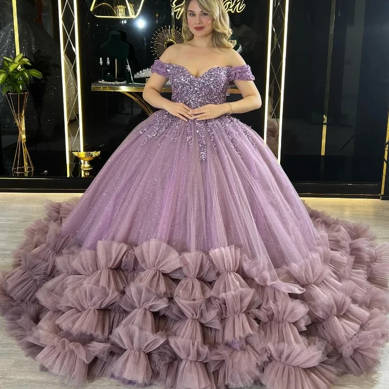 Гламурное фиолетовое бальное платье Angelsbridep, платья Quinceanera 2025, милое платье 16, платья для девочек xv лет, платье для выпускного вечера