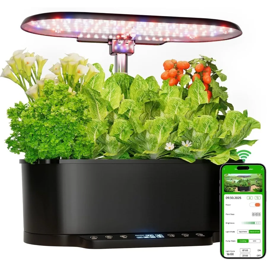 

Smart Indoor Hydroponics Garden System with 30 Height 15 Pods 36W Grow Light Auto Timer Pump APP WiFi Control for Herbs Vegetab