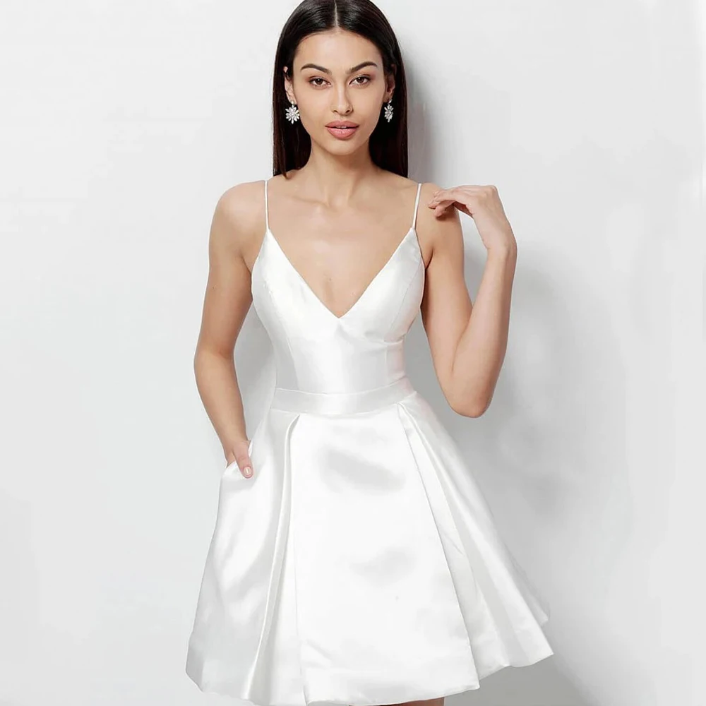 

Simple Spaghetti Straps Cocktail Dress V-Neck Sleeveless Sexy Mini Open Back Satin with Pocket Women Party Banquet Gowns