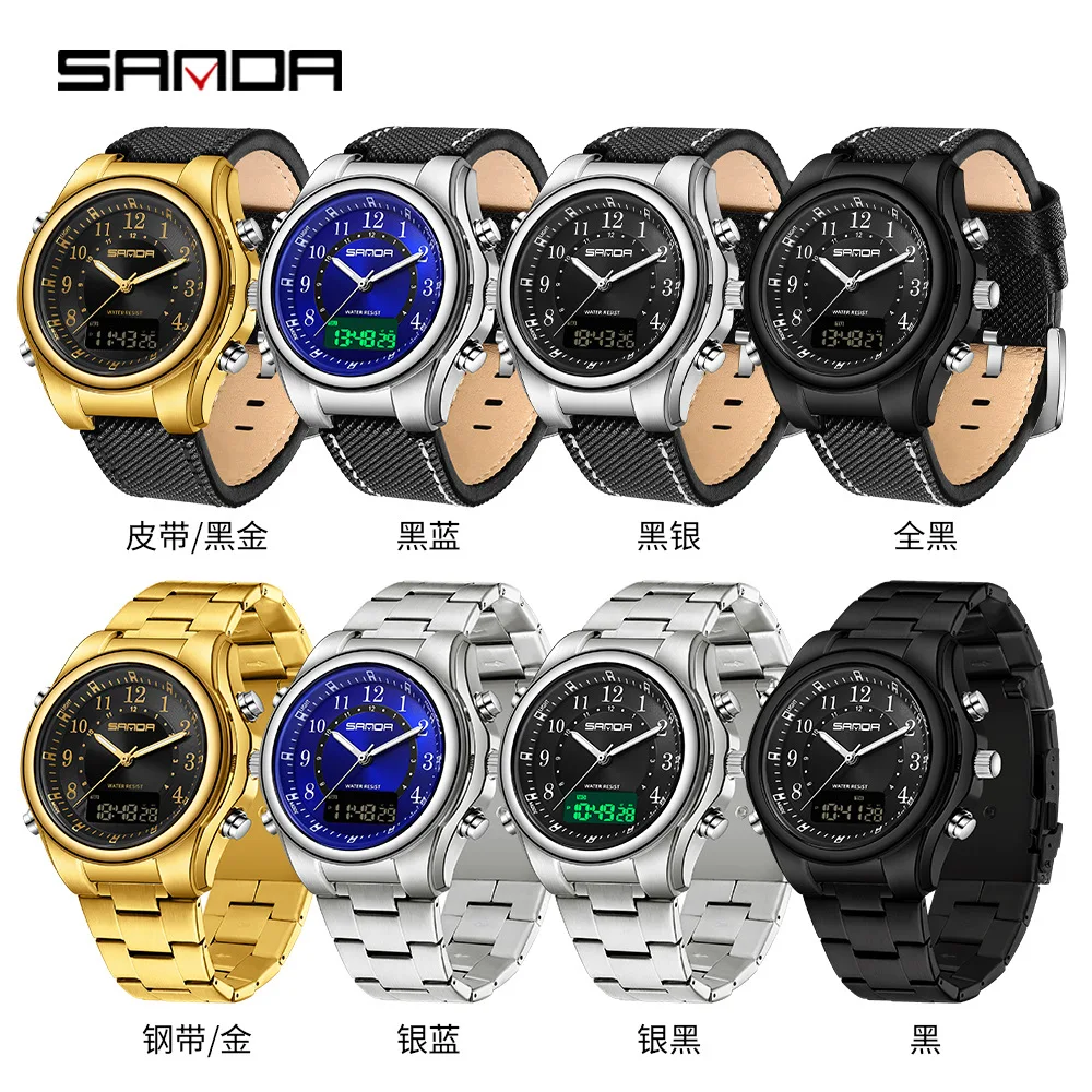 SANDA 3176 Men Quartz Watch Round Fashion Leisure Business Digital Dual Display Stainless Steel Strap Wrist Watches for Men