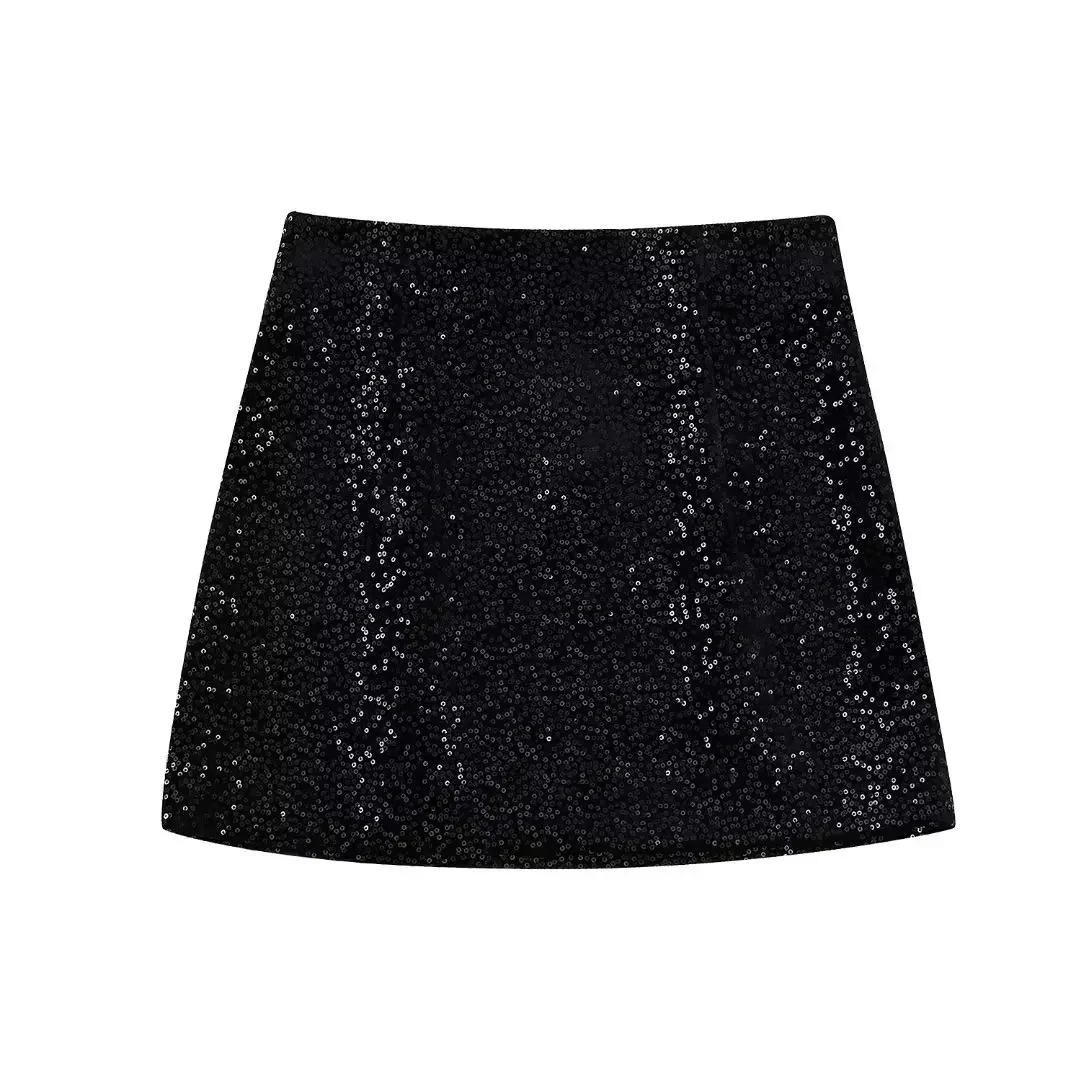 

Women 2023 New Fashion Sequin-Embellished Black High-Waisted Mini Skirt Vintage Side Zipper Female Skirts Mujer