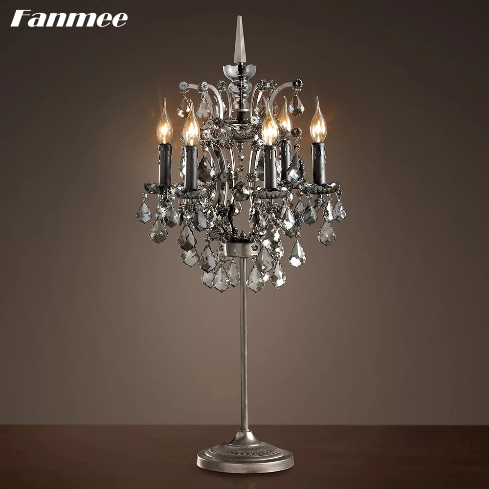 Traditional Table Lamp for Living Room 19th. Rococo Vintage Clear Cristal Standing Lamp Black Rustic Metal Indoor Light Fixture