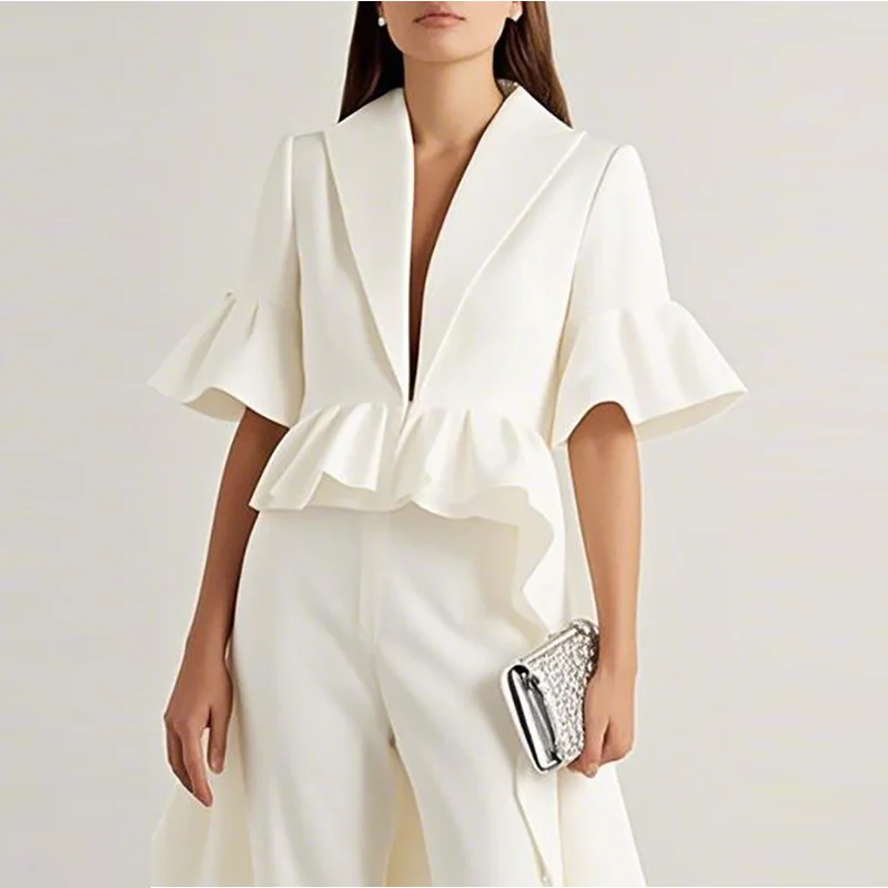 

Krisstargirl 2025 New Women High-low Shirts Summer Urban Deep V-Neck Ruffle Trim Flared Sleeves Elegant Outerwear Tops for Women