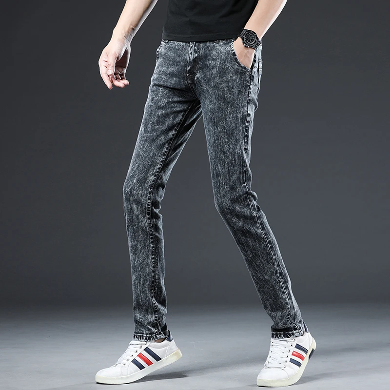 Nowe męskie dżinsy w rozmiarze Skinny Fashion koreański styl myte płatki śniegu Streetwear Slim prosto osobowość Vintage męskie spodnie jeansowe