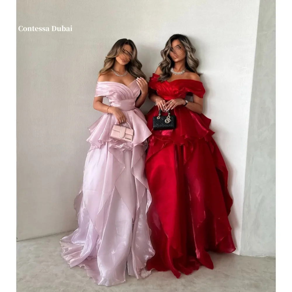 Contessa Dubai Edge Curl fuera del hombro vestidos de baile vestido de muñeca cintura cinching فساتmaveraات plisado barrido tren batas de velada