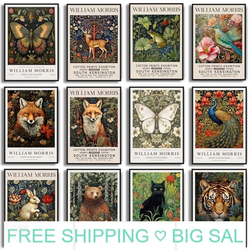 William Morris Canvas Painting Fox Owl Peacock Hummingbird Rabbit Butterfly Botanical Print Wall Art Home Decor