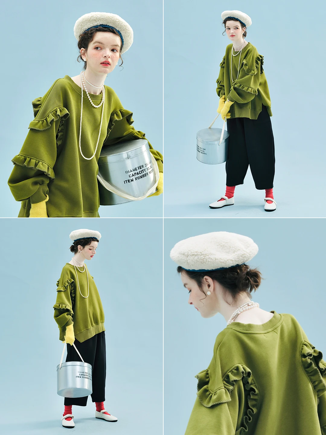 imakokoni Olive Green Ruffled Sleeve Crew Neck Sweatshirt Tops Women's Hoodies & Sweatshirts Casual Female Clothing for Women