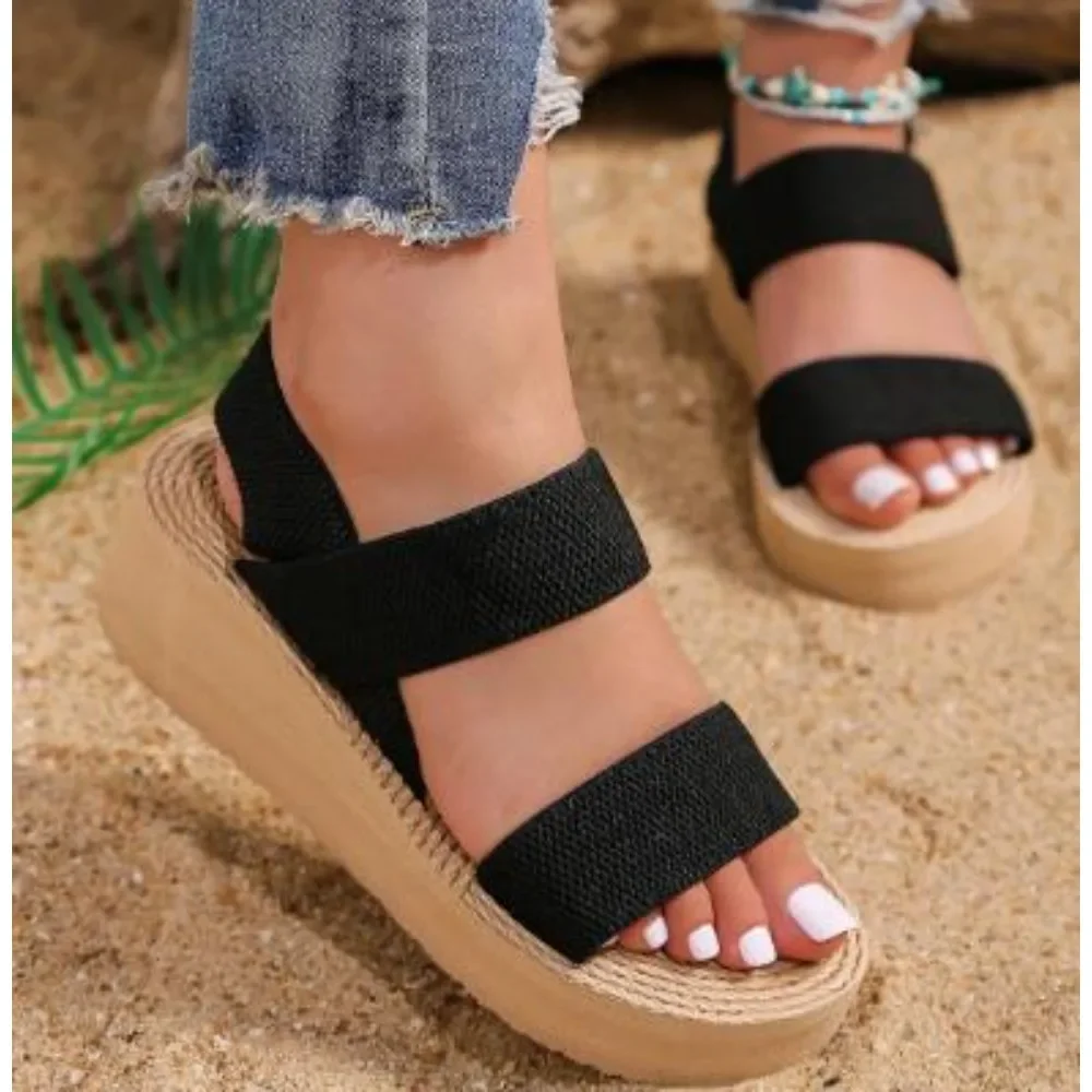 Women's fashion trend anti-slip wear-resistant pure black belt soft soled high-heeled sandals