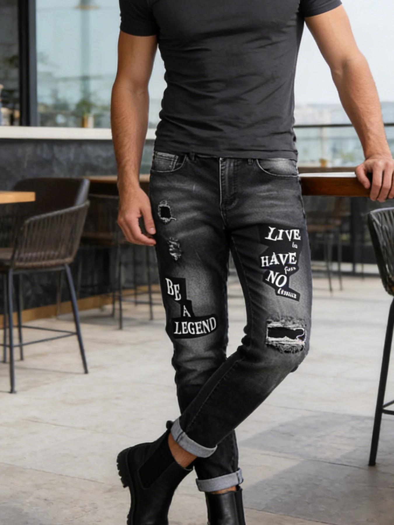 

Trendy street style English letter patch denim jeans for men, vintage distressed slim-fit narrow-leg cool trousers