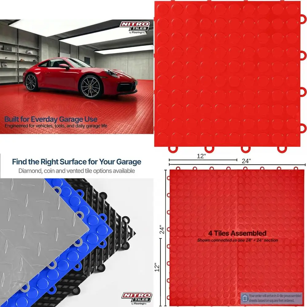 

Напольные плитки для гаража, усиленные, 12x12 дюймов, с монетным узором, нескользящие, красные, 24 штуки в упаковке, 24 кв. фута