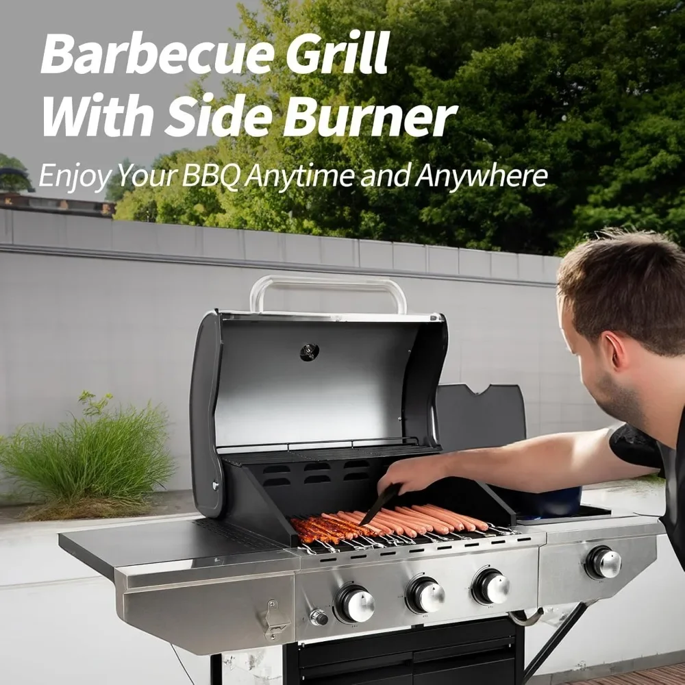 3-Burners Propane Gas Grill Outdoor with Side Burner & Thermometer, Stainless Steel Propane Grill,  33950 BTU Output