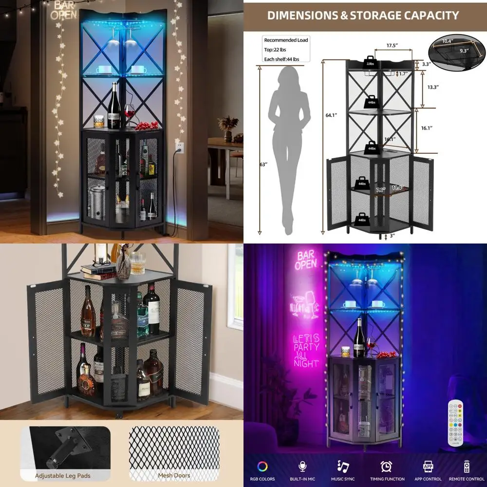 خزانة بار النبيذ من 5 طبقات مع إضاءة LED وحامل زجاجي، وحدة تخزين بار منزلية على الطراز الصناعي #1