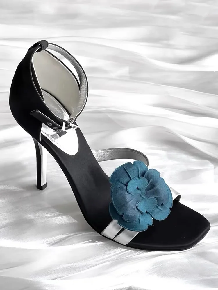 

Open Toe Blue Flower Sandals Stiletto Heels Ankle Straps Cover Heel Fashion Women Hollow Single Straps Summer Dress Shoes