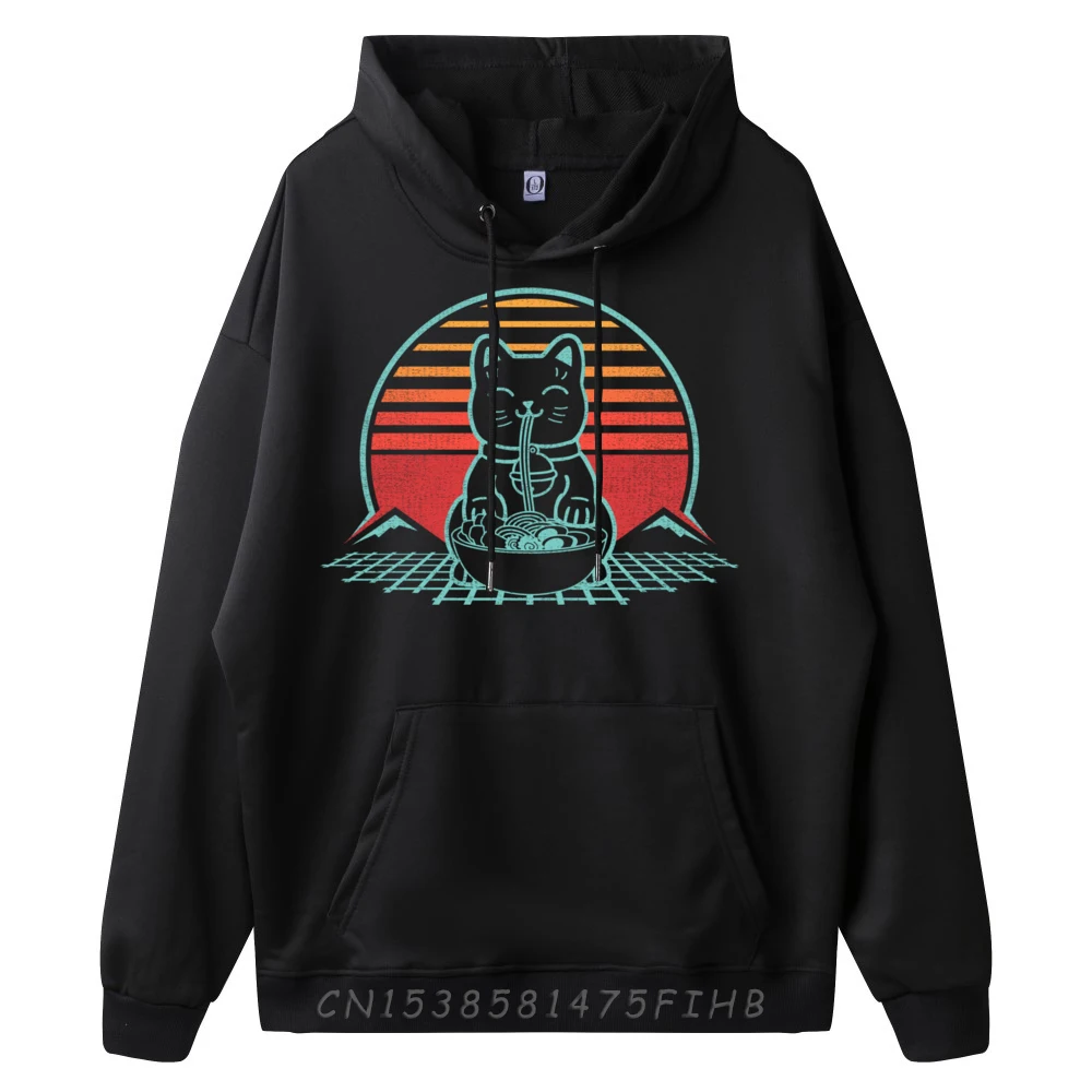 Ramen Cat Retro Japanese Noodles Aesthetic Kawaii Black Hoodie Camisetas Christmas Sweater Man Hooded Shirt