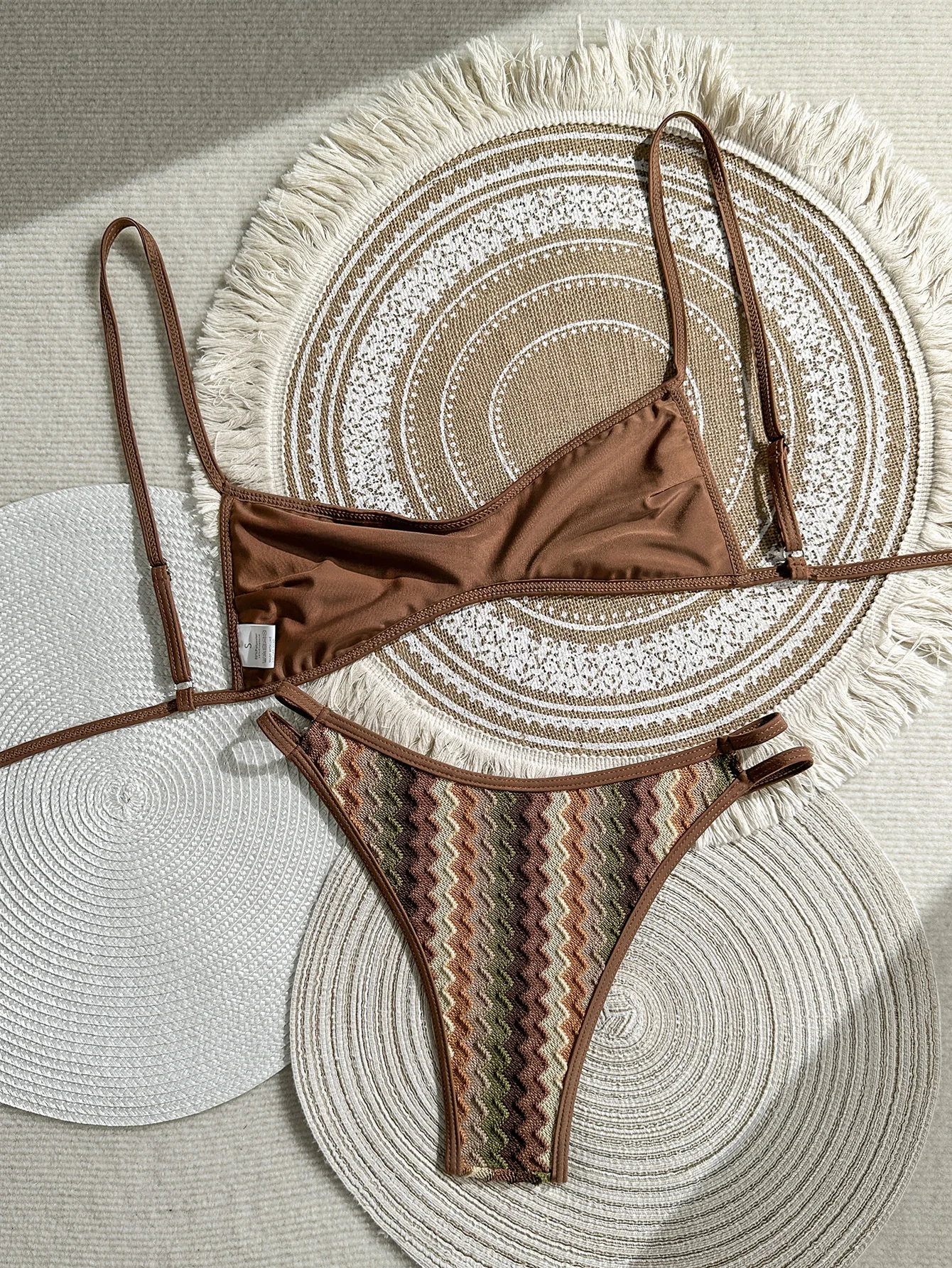 Vintage Boho Chevron Textured Bikini Two Piece Set Adjustable Thin String Straps High Cut Cheeky Bottom Summer Beach Swimwear