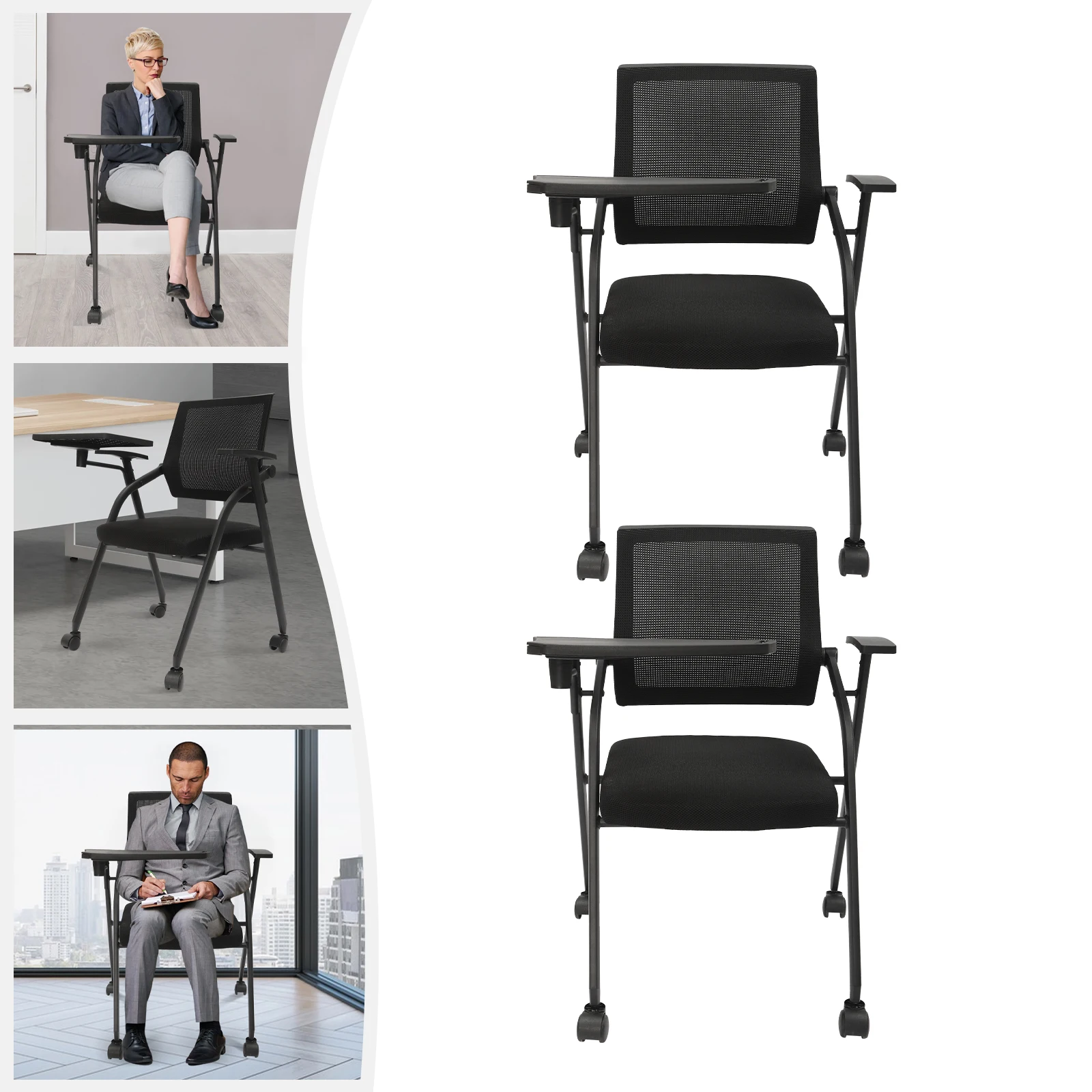 Tablet Arm Chair com Rodízio Rodas, Mesh Guest Nesting Empilhamento, escritório, escola, sala de aula, 2 pcs