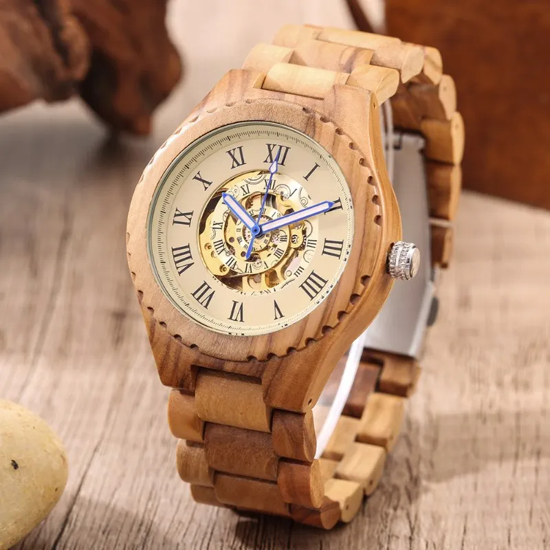 Olive Wood Luminous Needle Automatic Watch for Men Roman Numeral Yellow Adjustable Wooden Band Skeleton Mechanical Wristwatches