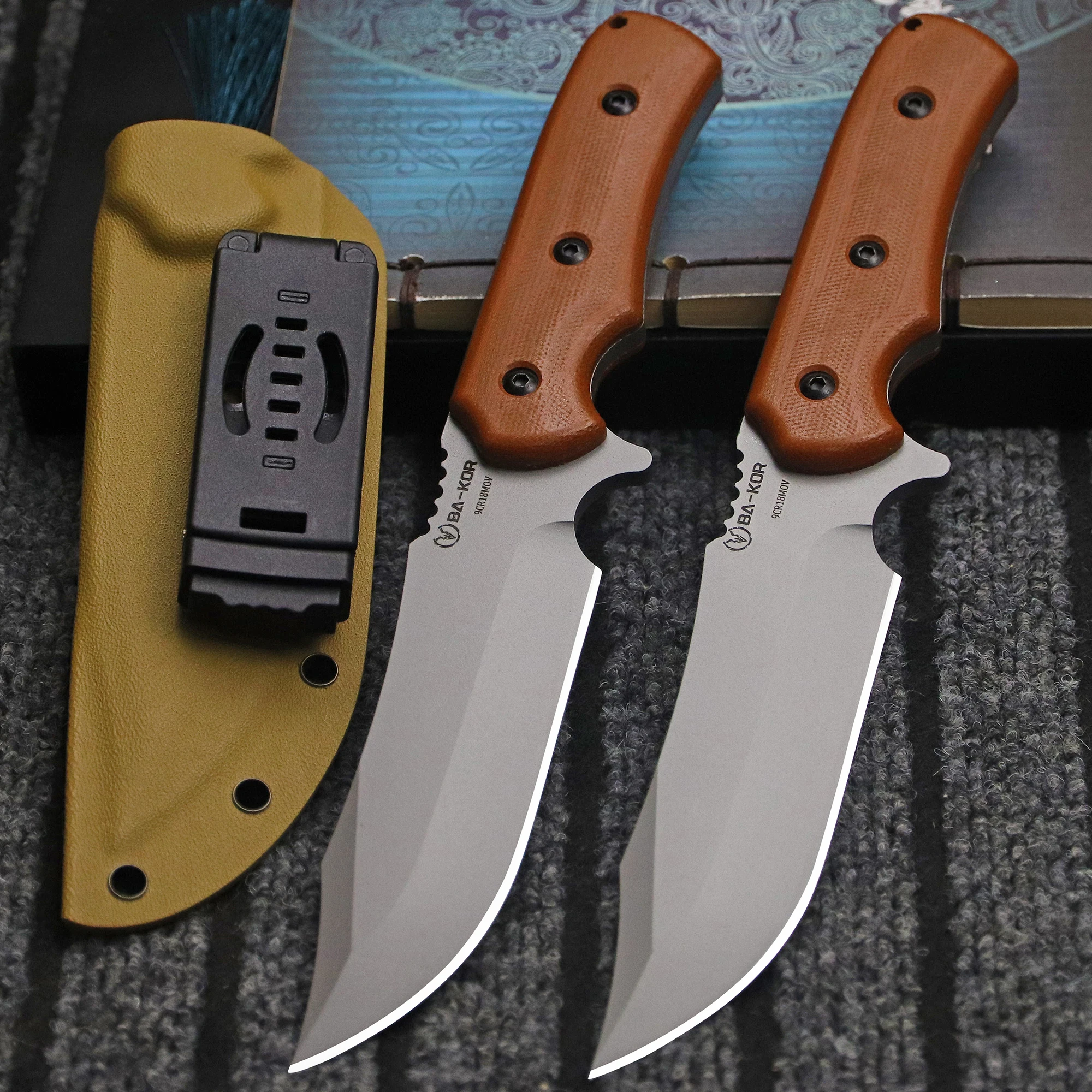 BA-KOR USA 9CR18MOV steel full-grain linen handle outdoor knife + sheath, jungle hunting knife, camping survival knife