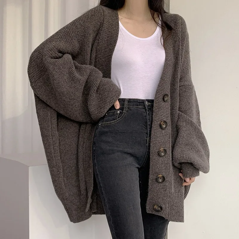 Bishop Sleeve V-neck Knitted Cardigan Women Chic Fashion Loose Cardigan Female Long Sleeved Knitted Loose Cardigan Autumn Winter