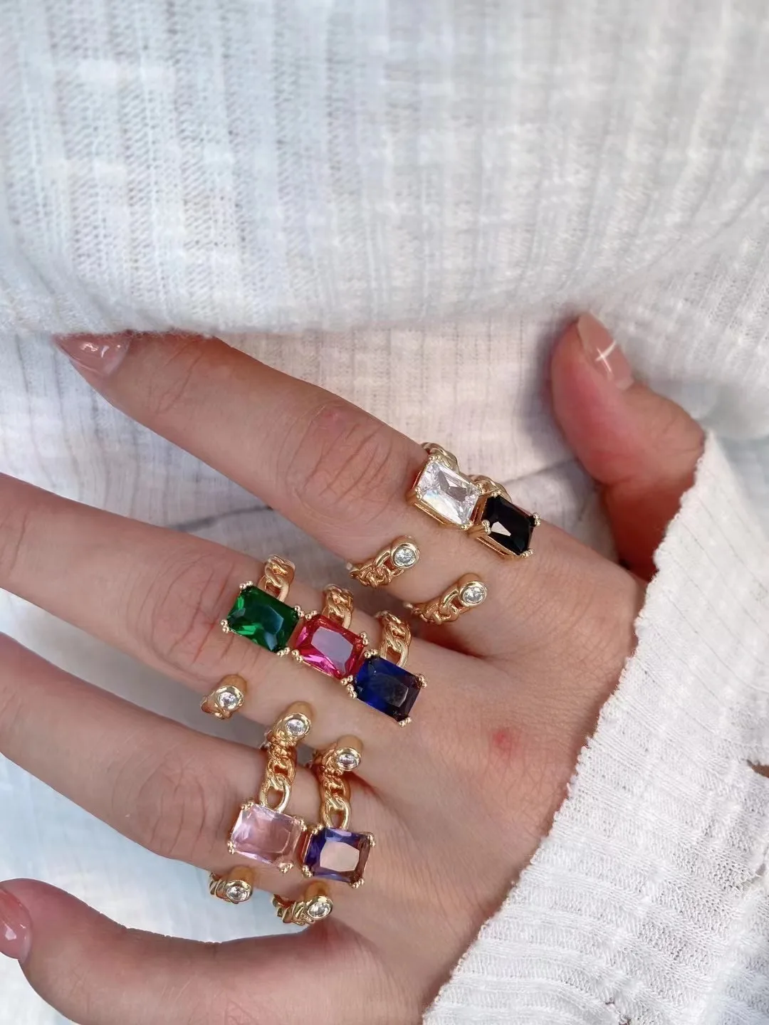 5PCS, Gold Plating Square CZ Zircon Simple Geometric Chain Ring Elegant Women's Daily Work Opening Adjustable Ring