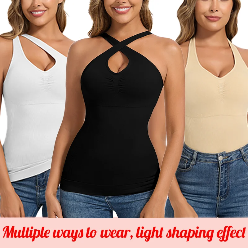 

Women's Sexy Halter Neck Shapewear Tummy Control Sleeveless Camisole Bulit-in Bra Sexy Body Shaper Push Up Tank Top Outwear