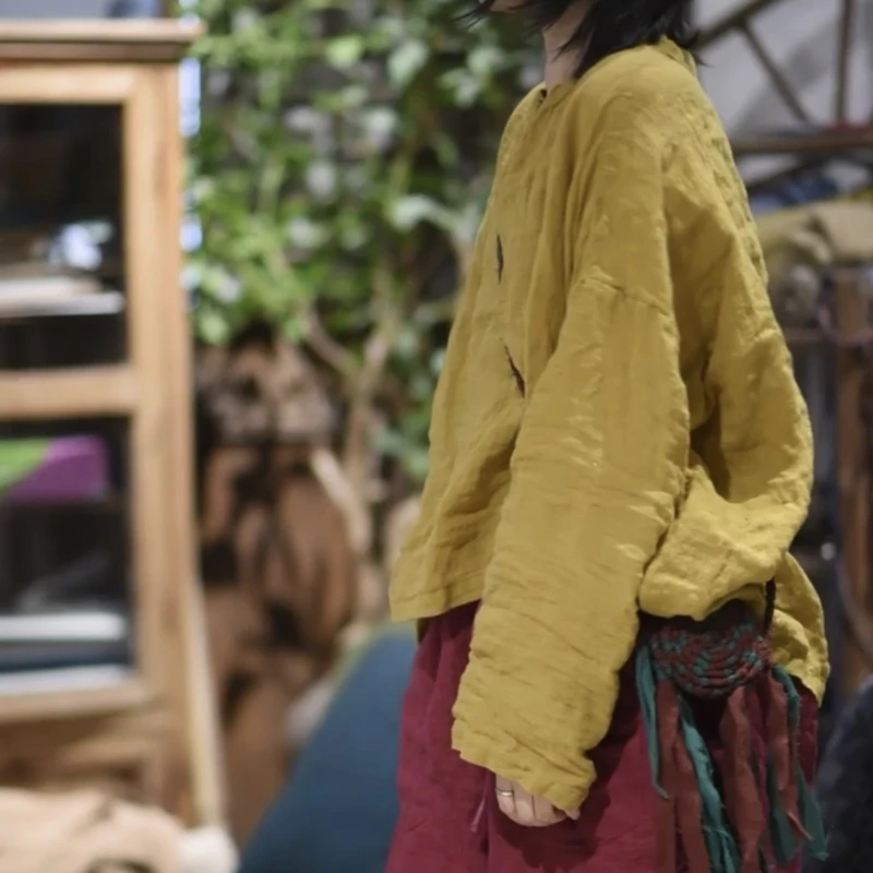 

Женская свободная рубашка высокого качества из натуральной рами, женская винтажная блузка на лето и осень 2025 года с длинными рукавами, весенняя повседневная блузка с v-образным вырезом