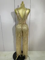 Sparkly Gold Rhinestones Sequins Fringe jumpsuit Women Sexy Nightclub Party Birthday Outfit Show Singer Stage Perform Costume - Image 3